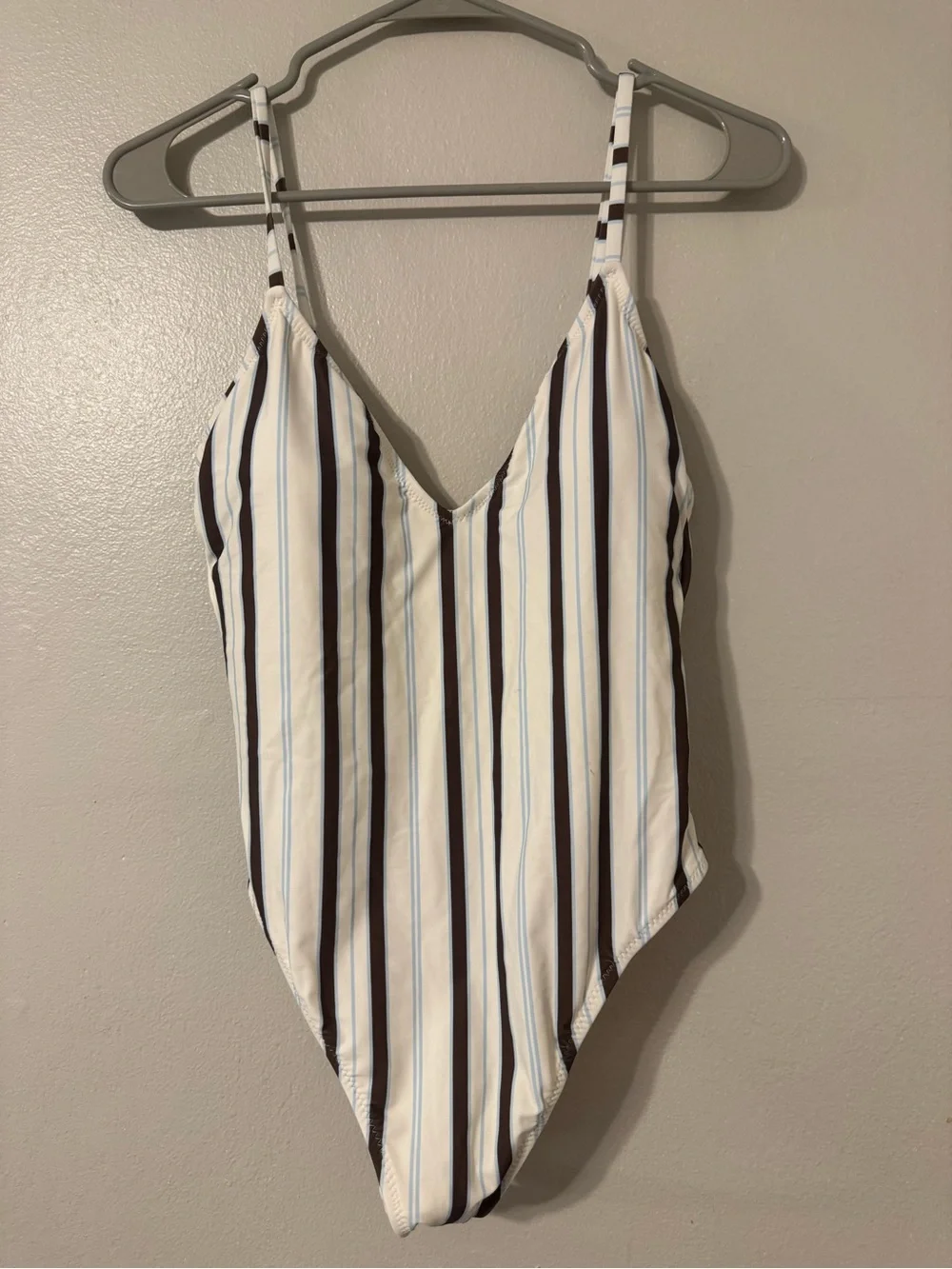 Striped V-Neck One Piece Swimsuit - White & Black